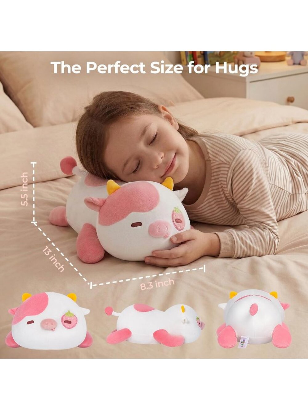 Strawberry Cow Plush Pillow 13" Cute Squishy Huggable Stuffed Animal Decor - Picture 4 of 6